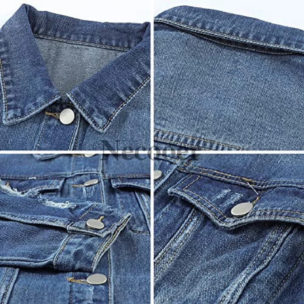 Distressed Denim Jacket Boyfriend Fit Cotton Blend Long Sleeve Button Up